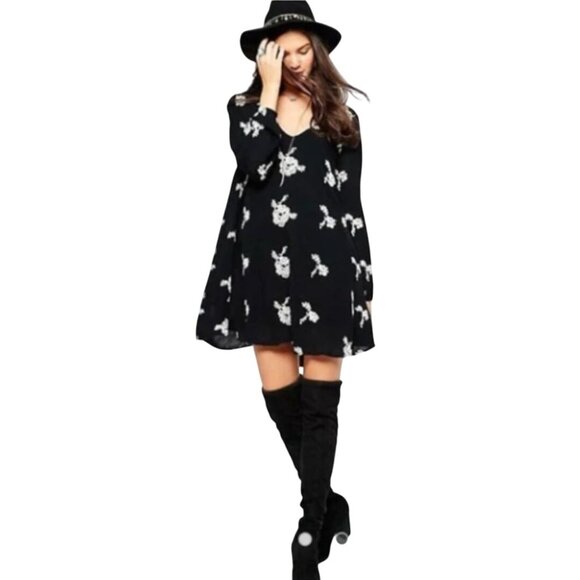 Free People Emma Austin Swing Trapeze Dress Black Embroidered Long Sleeve Size S - Picture 7 of 16